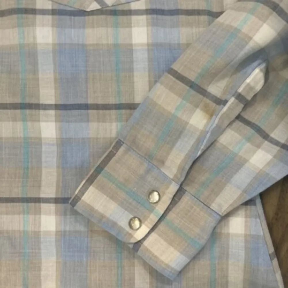Vintage Levis Men Western Tan Blue Plaid Long Sleeve Pearl Snap Large Has Stain - Picture 5 of 6